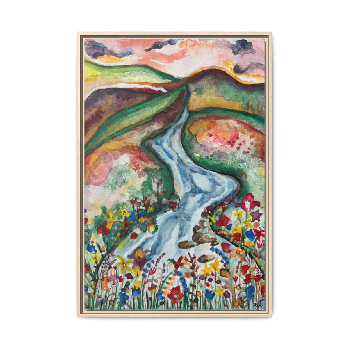 Consider the Lilies Mountain River & Wildflower Framed Canvas Wall Art