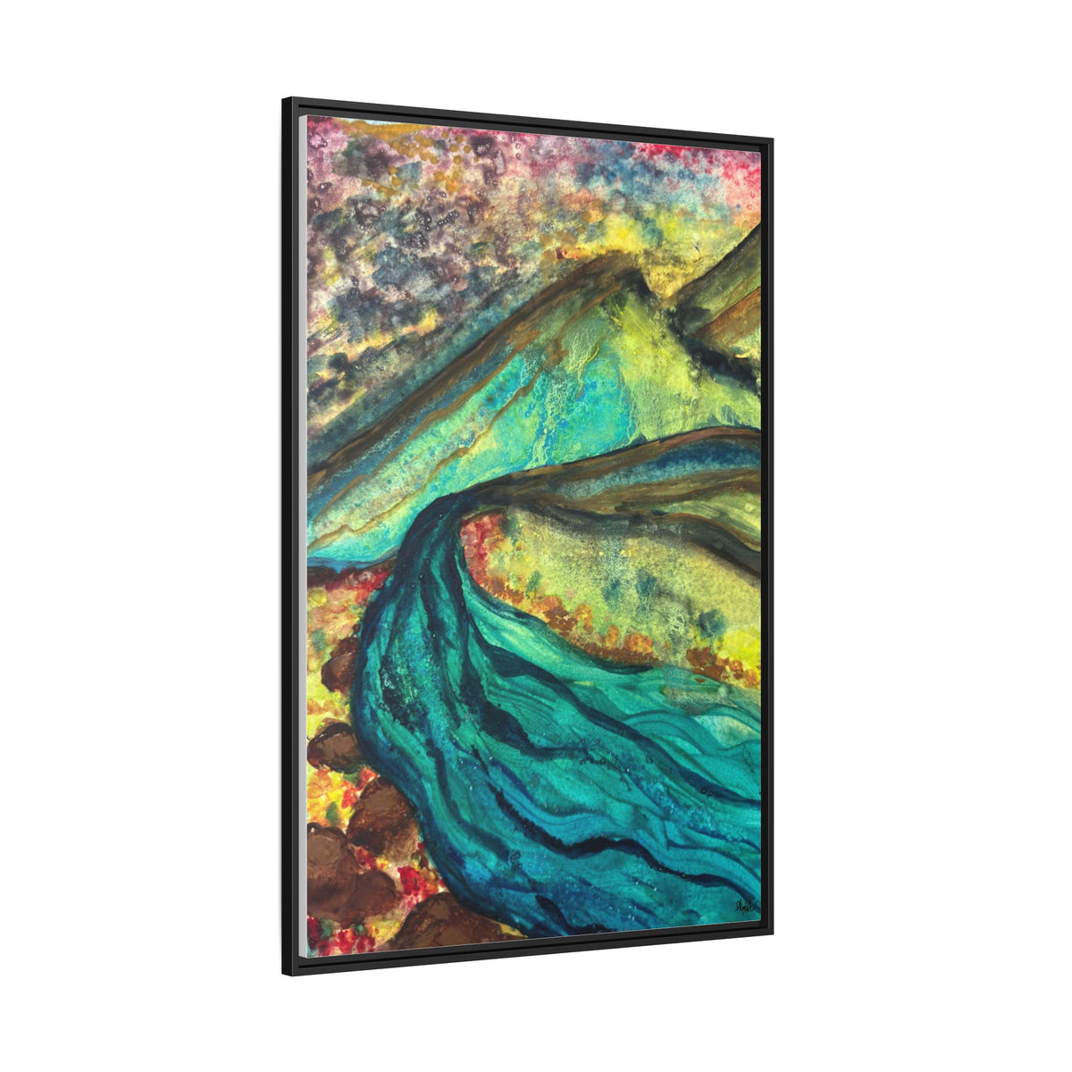 Still Waters River & Mountain Abstract Painting, Turquoise Teal Decor - Framed Canvas Wall Art | Various Sizes | NOT Ai