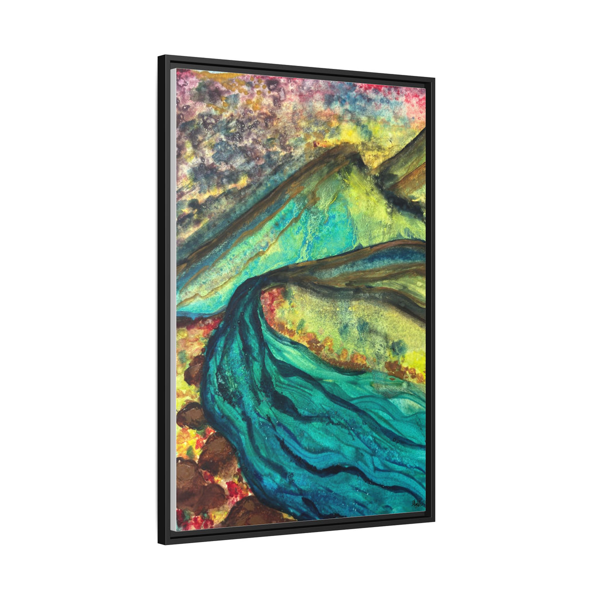 Still Waters River & Mountain Abstract Painting, Turquoise Teal Decor - Framed Canvas Wall Art | Various Sizes | NOT Ai