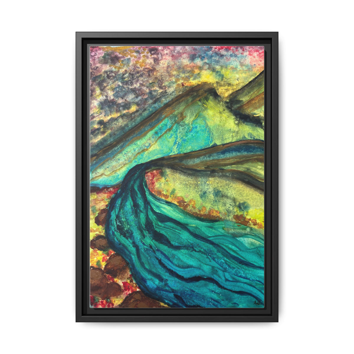 Still Waters River & Mountain Abstract Painting, Turquoise Teal Decor - Framed Canvas Wall Art | Various Sizes | NOT Ai