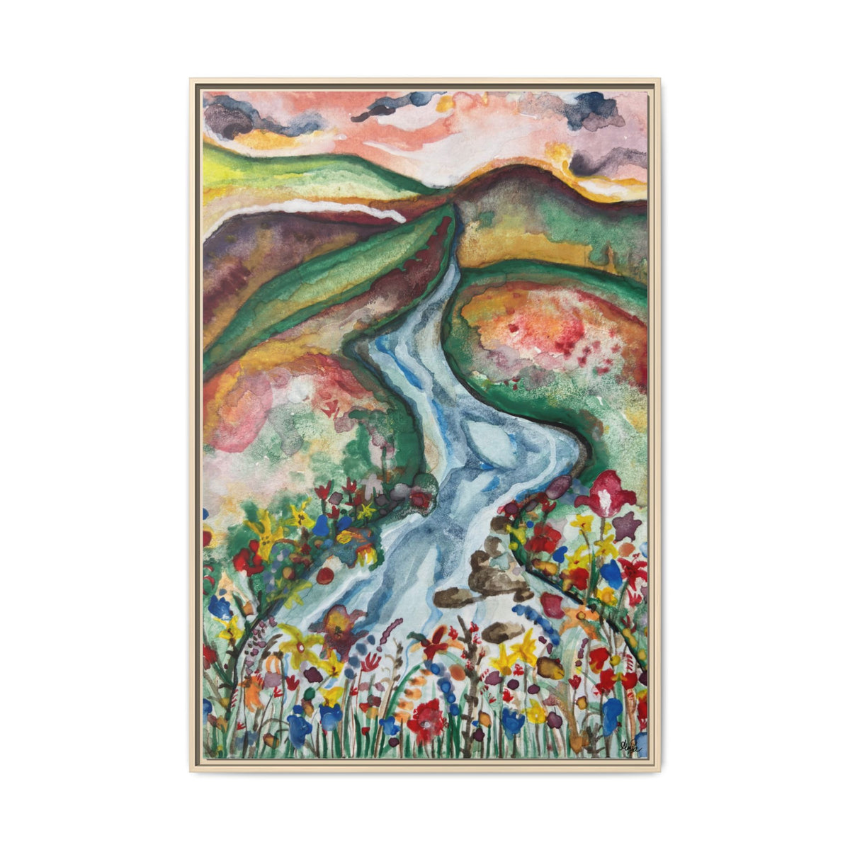 Consider the Lilies Mountain River & Wildflower Framed Canvas Wall Art
