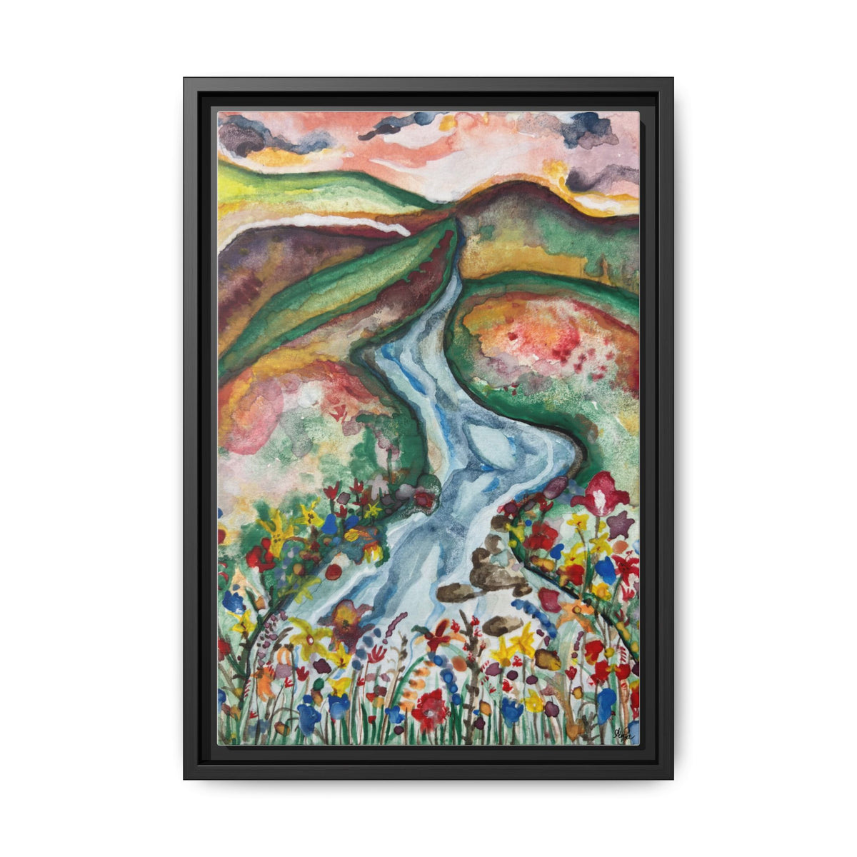 Consider the Lilies Mountain River & Wildflower Framed Canvas Wall Art