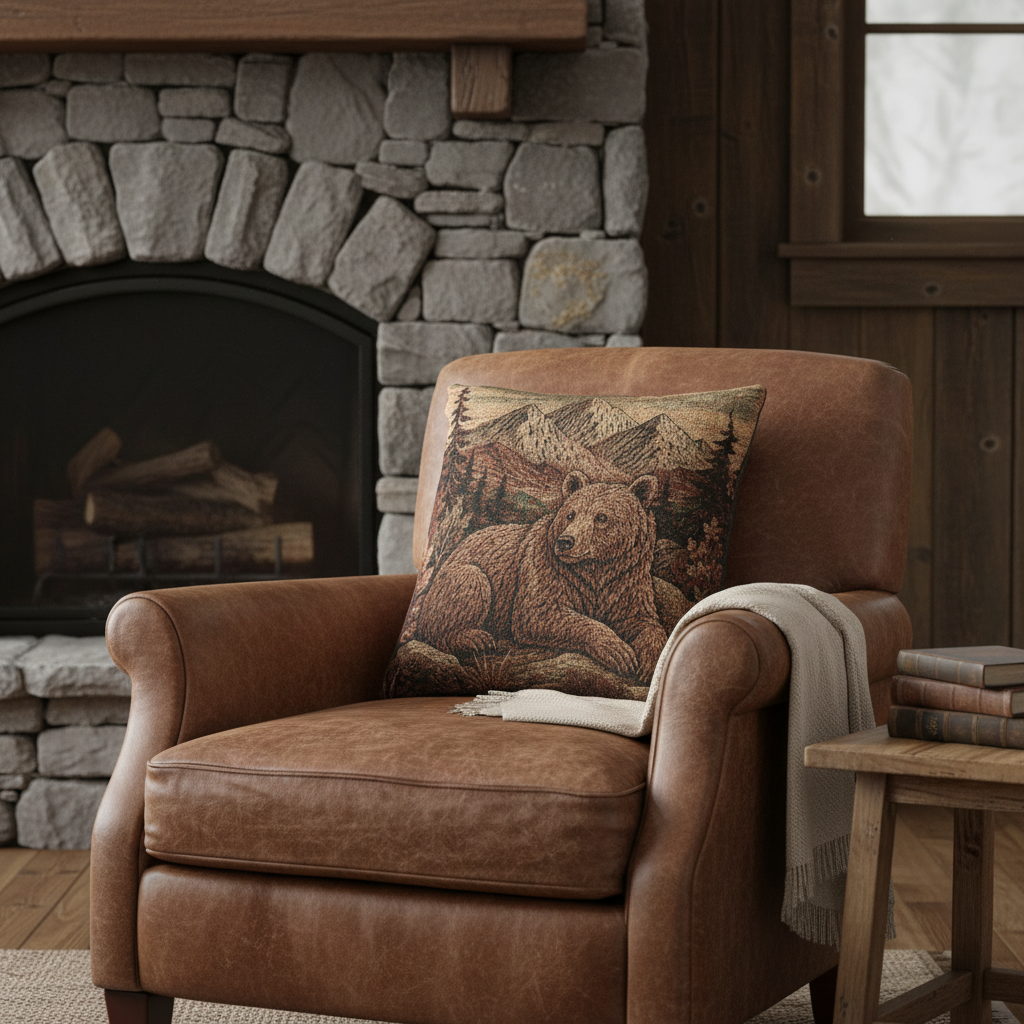 Bear Woven Throw Pillow | Rustic Woodland Cabin Decor