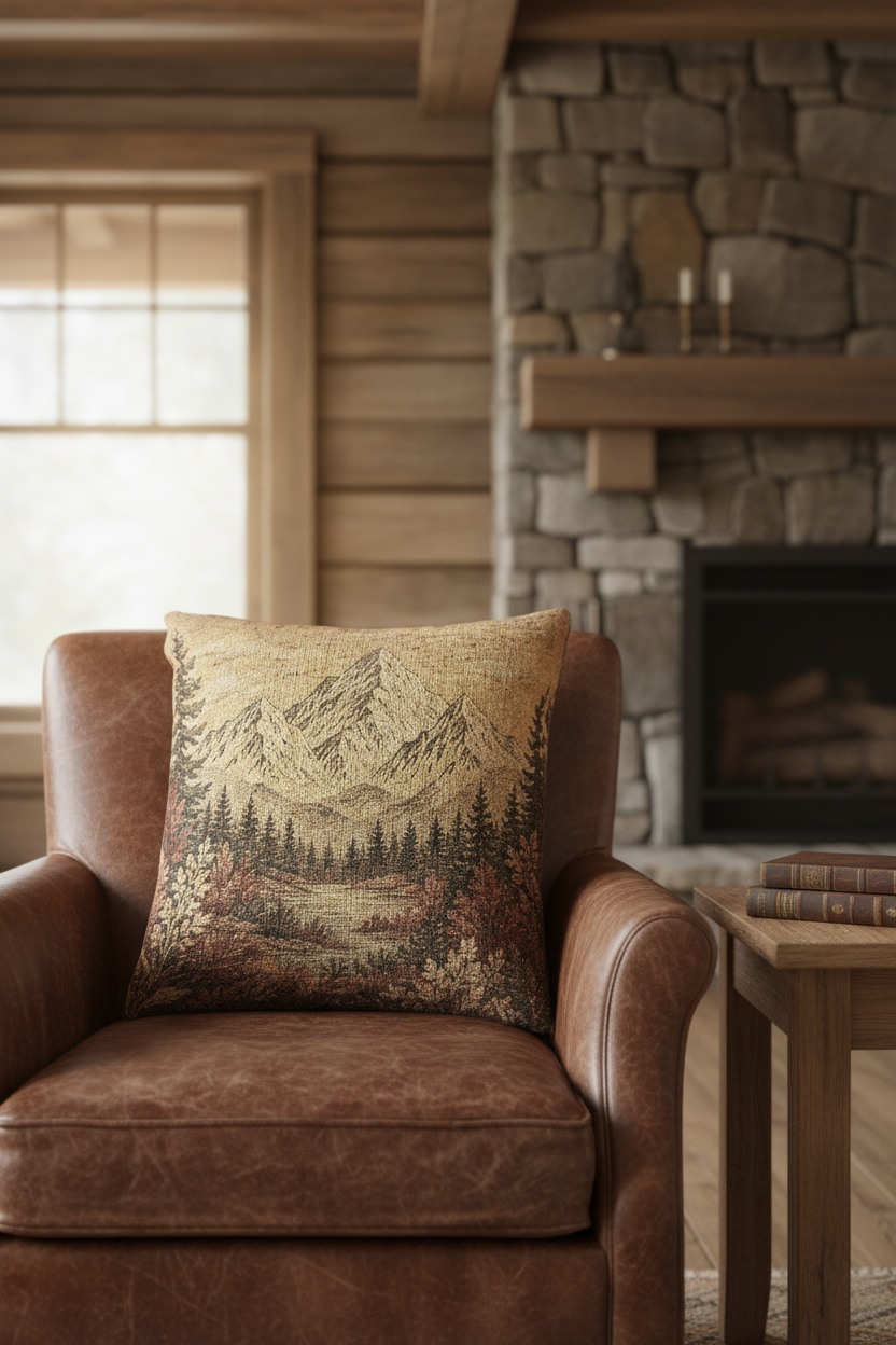 Mountain Lake Woven Throw Pillow | Rustic Cabin Decor