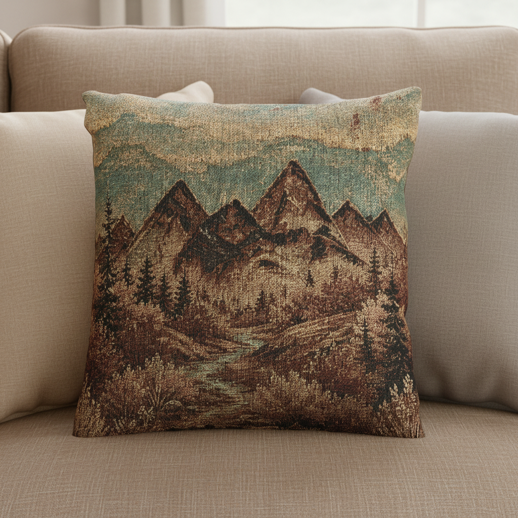 Mountain River Woven Throw Pillow | Rustic Cabin Decor