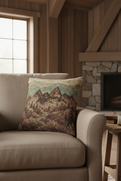 Mountain River Woven Throw Pillow | Rustic Cabin Decor
