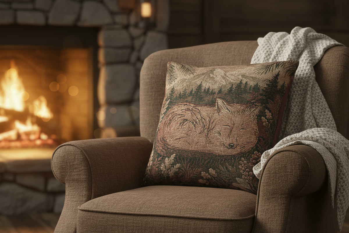 Sleeping Fox Woven Throw Pillow | Rustic Mountain Decor