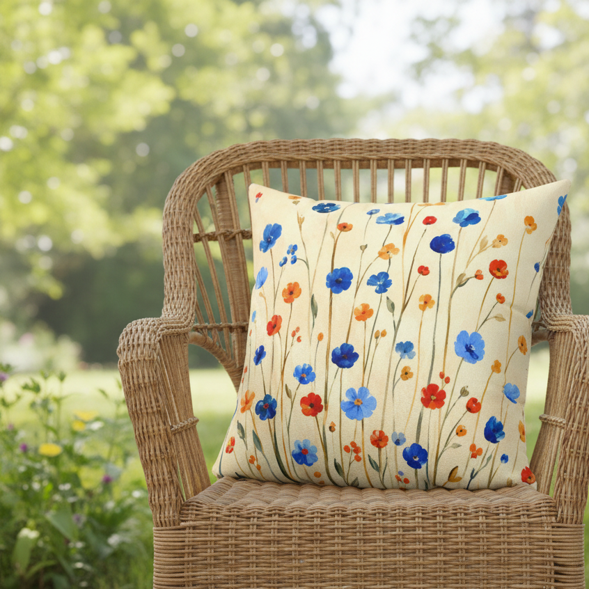 Wildflower Throw Pillow | Blue and Orange Cottage Decor