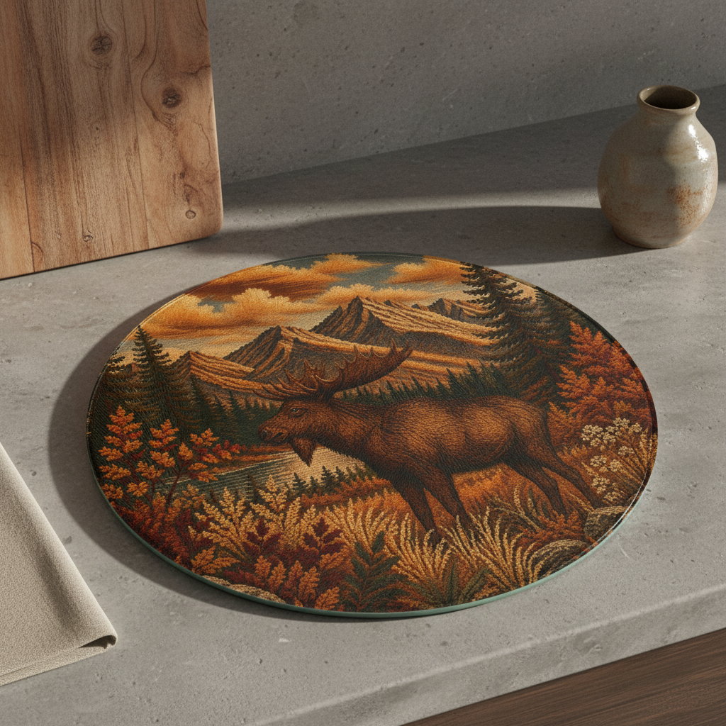 Moose Round Glass Cutting Board | Rustic Lodge Kitchen Decor