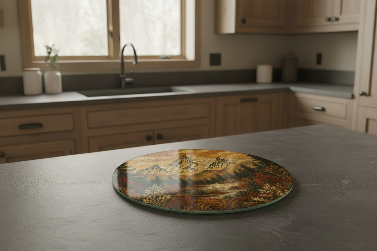 Mountain Lake Round Glass Cutting Board | Cabin Kitchen Decor