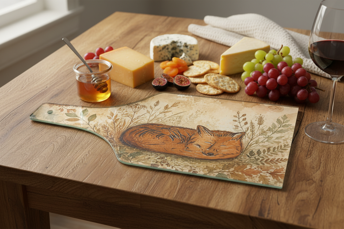 Sleeping Fox Glass Cutting Board | Woodland Kitchen Decor