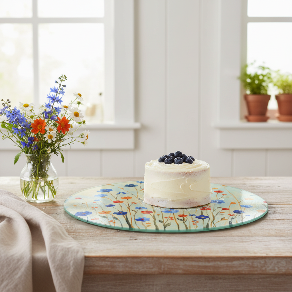 Wildflower Round Glass Cutting Board | Cottage Kitchen Decor