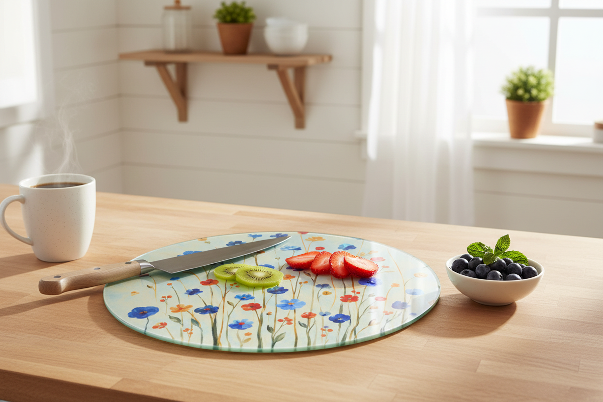 Wildflower Round Glass Cutting Board | Cottage Kitchen Decor