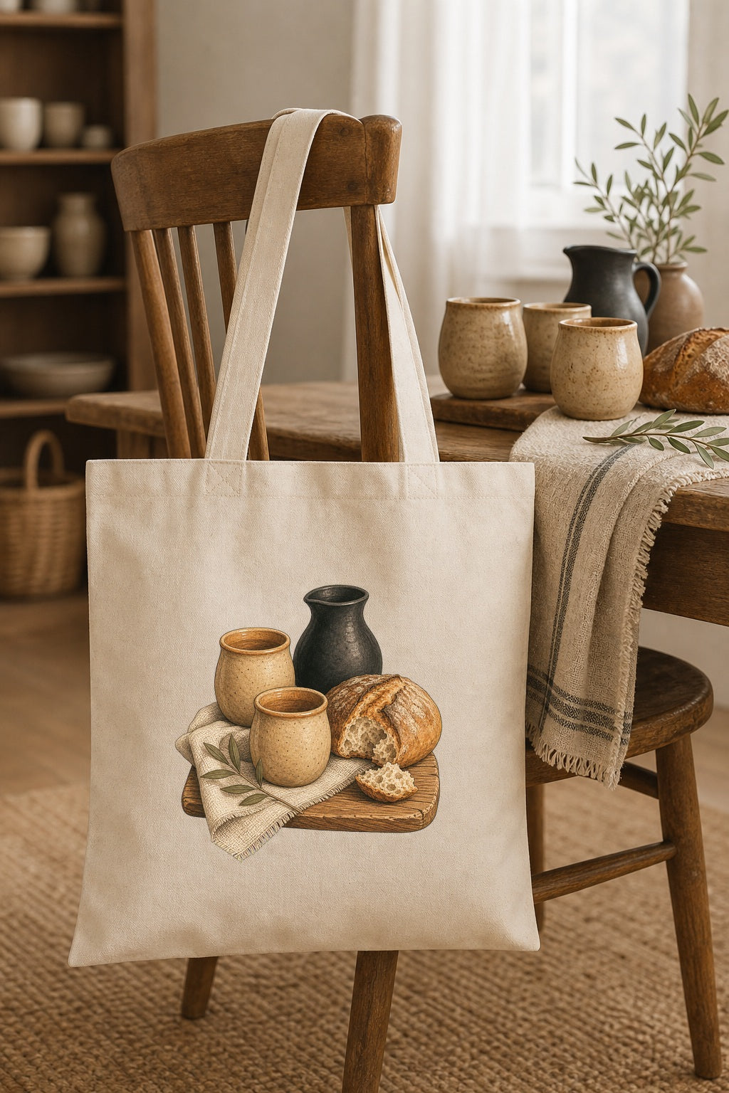Biblical Pottery Tote Bag | Bread and Cup Christian Gift
