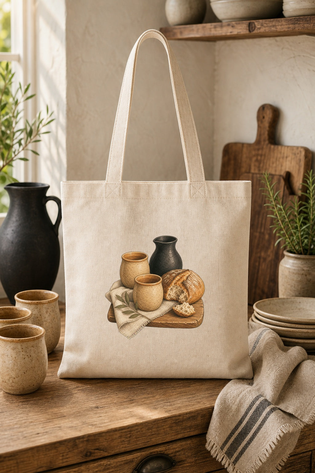 Biblical Pottery Tote Bag | Bread and Cup Christian Gift