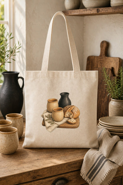 Biblical Pottery Tote Bag | Bread and Cup Christian Gift