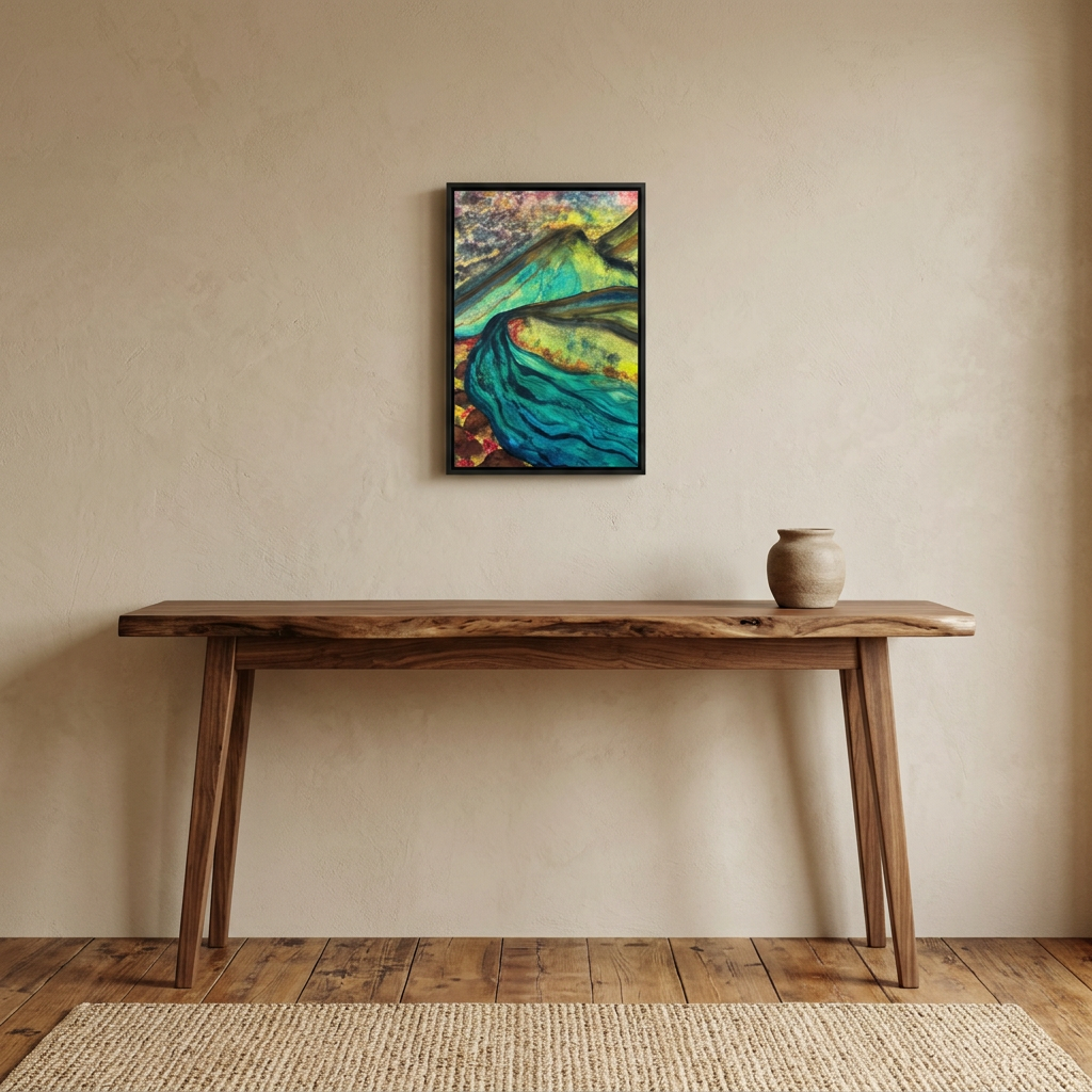 Still Waters River & Mountain Abstract Painting, Turquoise Teal Decor - Framed Canvas Wall Art | Various Sizes | NOT Ai