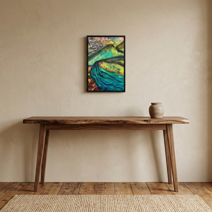 Still Waters River & Mountain Abstract Painting, Turquoise Teal Decor - Framed Canvas Wall Art | Various Sizes | NOT Ai