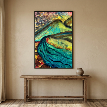 Still Waters River & Mountain Abstract Painting, Turquoise Teal Decor - Framed Canvas Wall Art | Various Sizes | NOT Ai