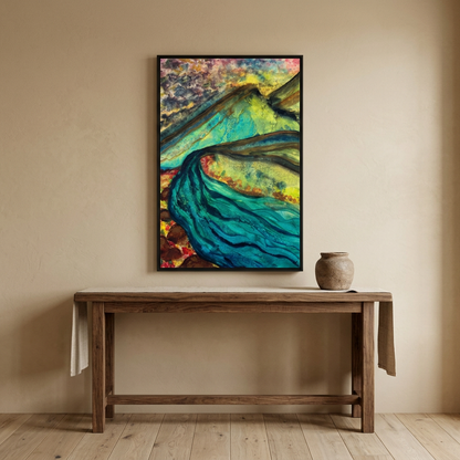 Still Waters River & Mountain Abstract Painting, Turquoise Teal Decor - Framed Canvas Wall Art | Various Sizes | NOT Ai