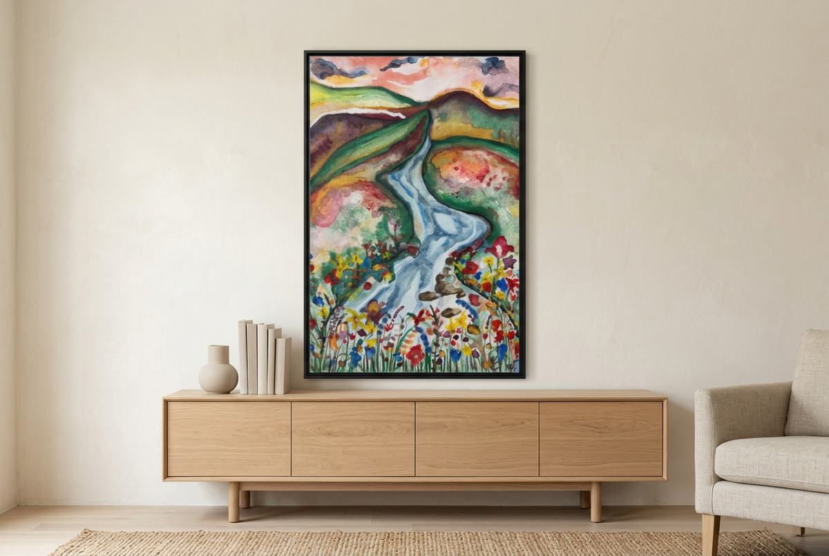 Consider the Lilies Mountain River & Wildflower Framed Canvas Wall Art