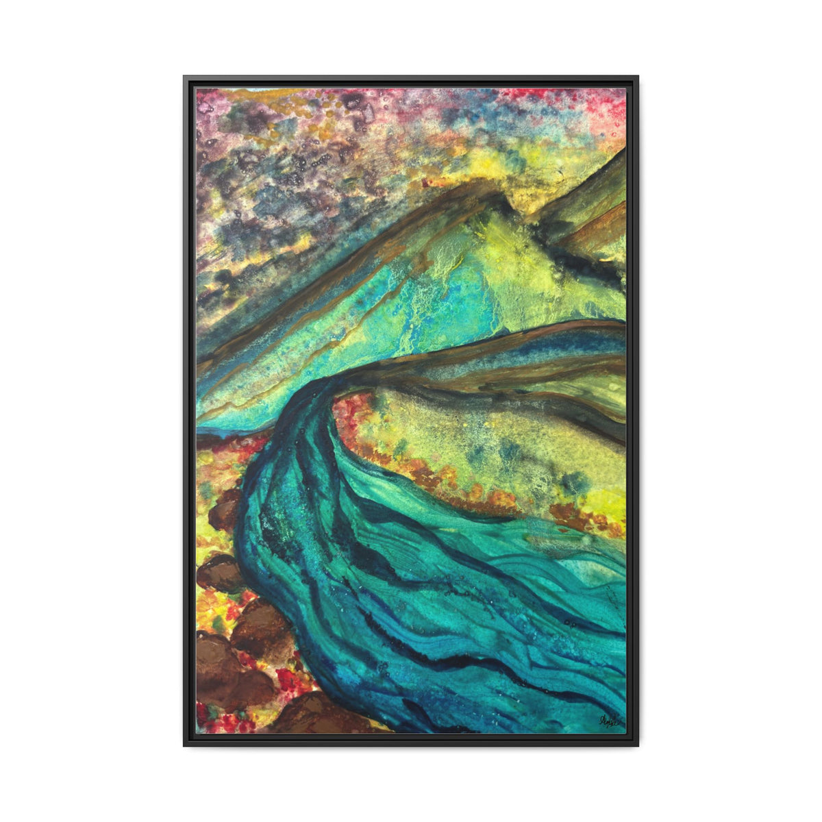 Still Waters River & Mountain Abstract Painting, Turquoise Teal Decor - Framed Canvas Wall Art | Various Sizes | NOT Ai
