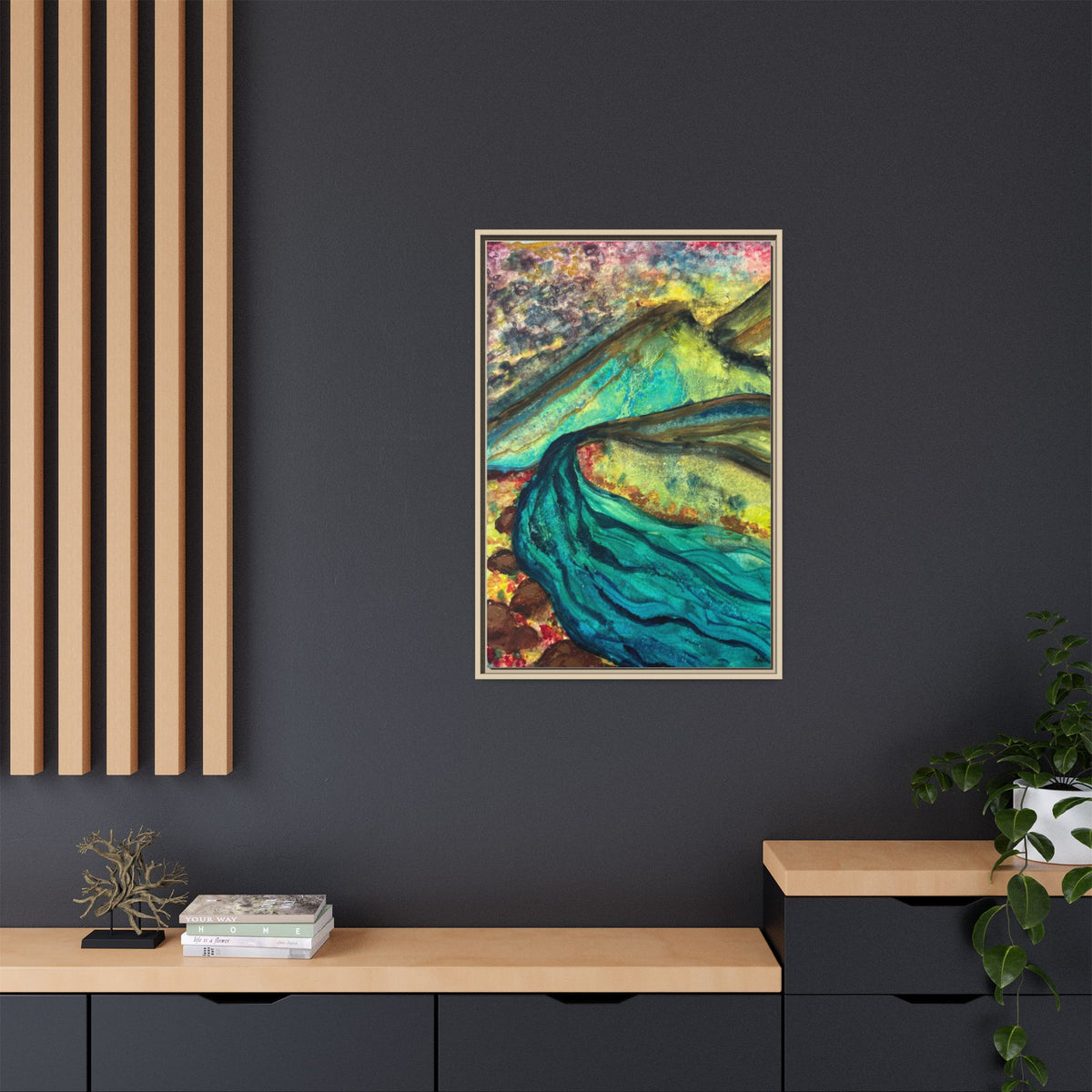 Still Waters River & Mountain Abstract Painting, Turquoise Teal Decor - Framed Canvas Wall Art | Various Sizes | NOT Ai