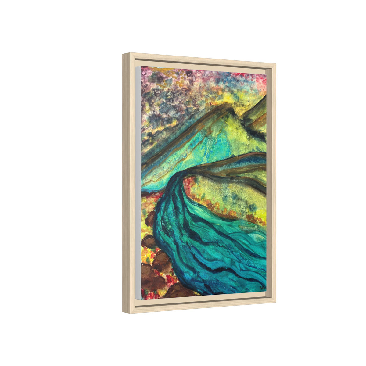 Still Waters River & Mountain Abstract Painting, Turquoise Teal Decor - Framed Canvas Wall Art | Various Sizes | NOT Ai