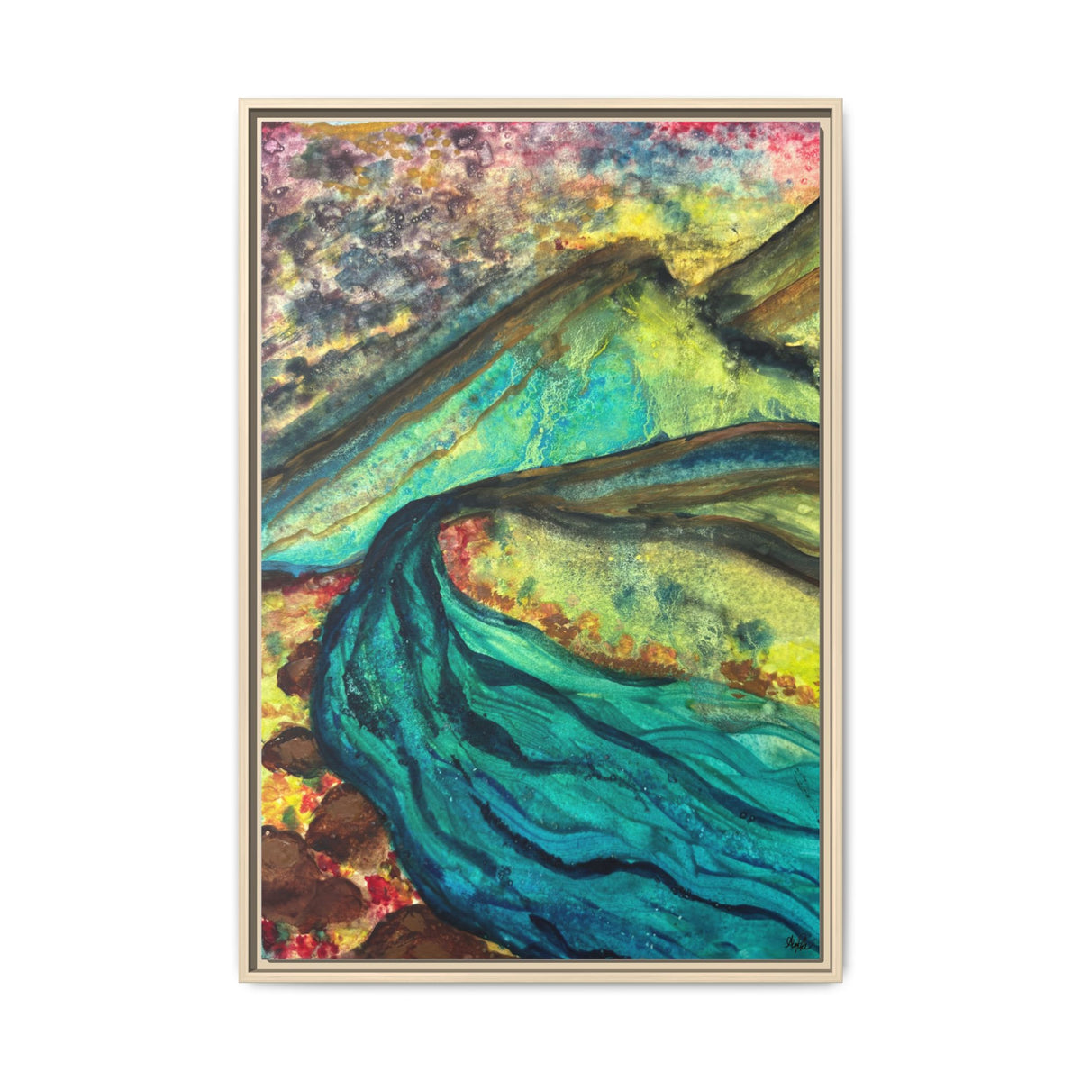 Still Waters River & Mountain Abstract Painting, Turquoise Teal Decor - Framed Canvas Wall Art | Various Sizes | NOT Ai