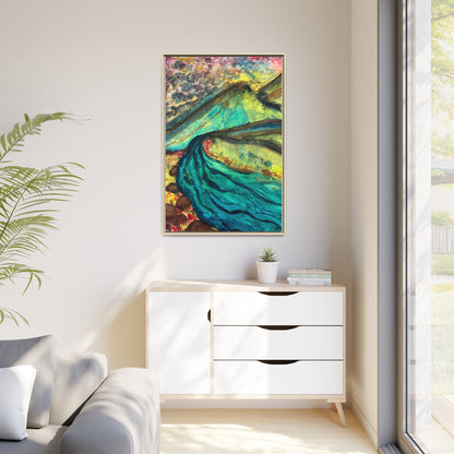 Still Waters River & Mountain Abstract Painting, Turquoise Teal Decor - Framed Canvas Wall Art | Various Sizes | NOT Ai