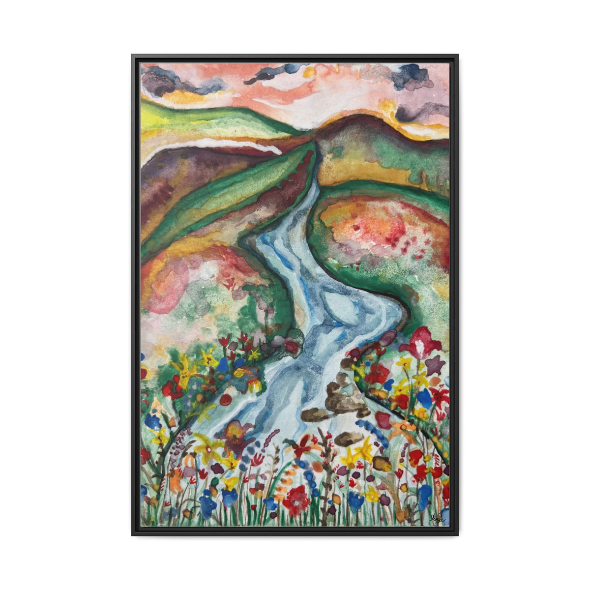 Consider the Lilies Mountain River & Wildflower Framed Canvas Wall Art