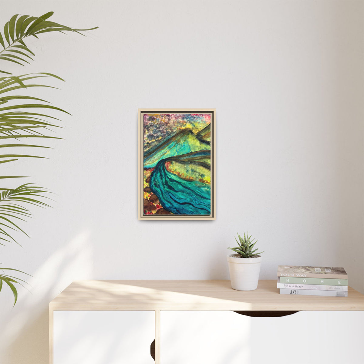 Still Waters River & Mountain Abstract Painting, Turquoise Teal Decor - Framed Canvas Wall Art | Various Sizes | NOT Ai
