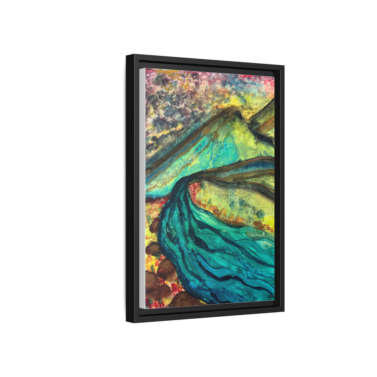Still Waters River & Mountain Abstract Painting, Turquoise Teal Decor - Framed Canvas Wall Art | Various Sizes | NOT Ai