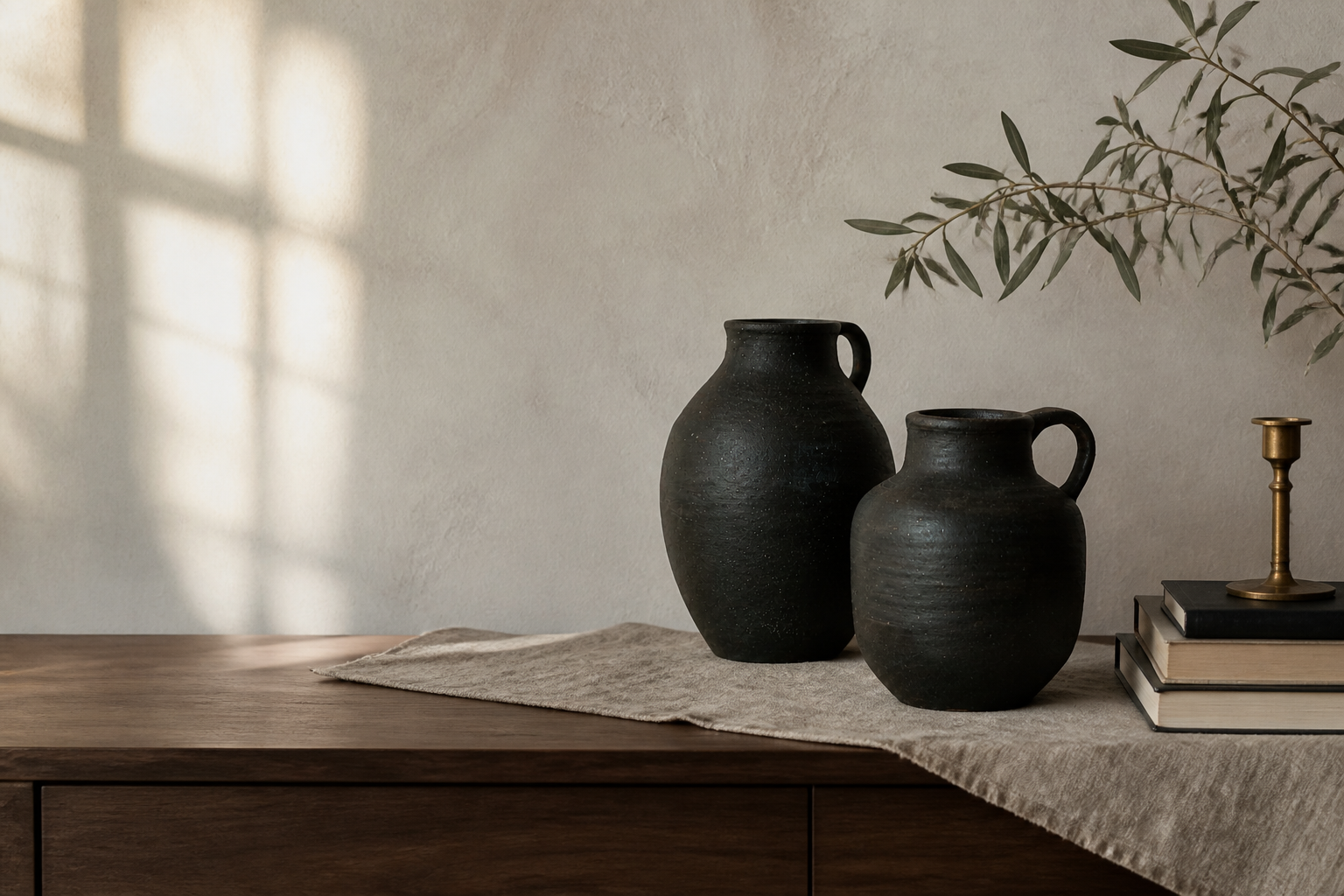 Anna's matte-black pottery styled with linen, books, and olive branches in a warm home